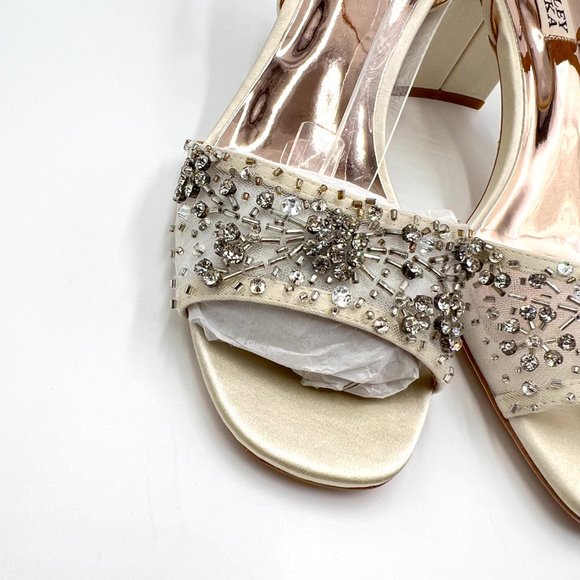 Badgley Mischka Size 8.5 Blaine Ivory Satin Jeweled Dress Sandals Heels Shoes - Picture 3 of 13